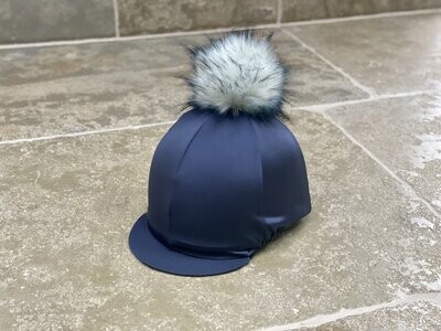 Riding Hat Silk skull cap cover Navy Silver Stars Extra Large Faux Fur Pompom 