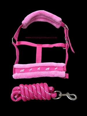 Horse Print Faux Mink Lined Headcollar & Lead Rope Set