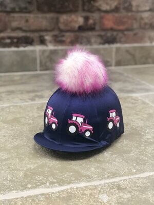 Pompops Navy Hat Silk with Pink Tractor and optional pompom colour