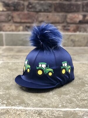 Pompops Navy with Green Tractor Hat Silk with Optional Pompom Colour
