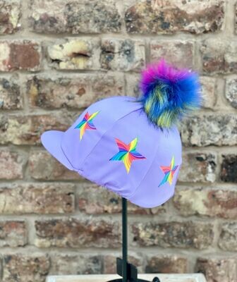 Pompops Lavender Hat Silk with Multi-Coloured Star detail and Faux fur pompom