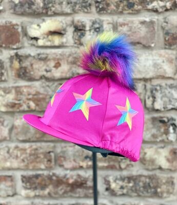 Pompops Hot Pink Hat Silk with Multi-Coloured Star detail and Faux fur pompom