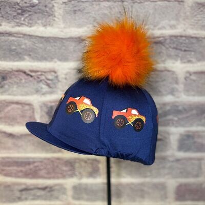 Pompops Navy Hat Silk With Monster Truck and Faux Fur Pompom