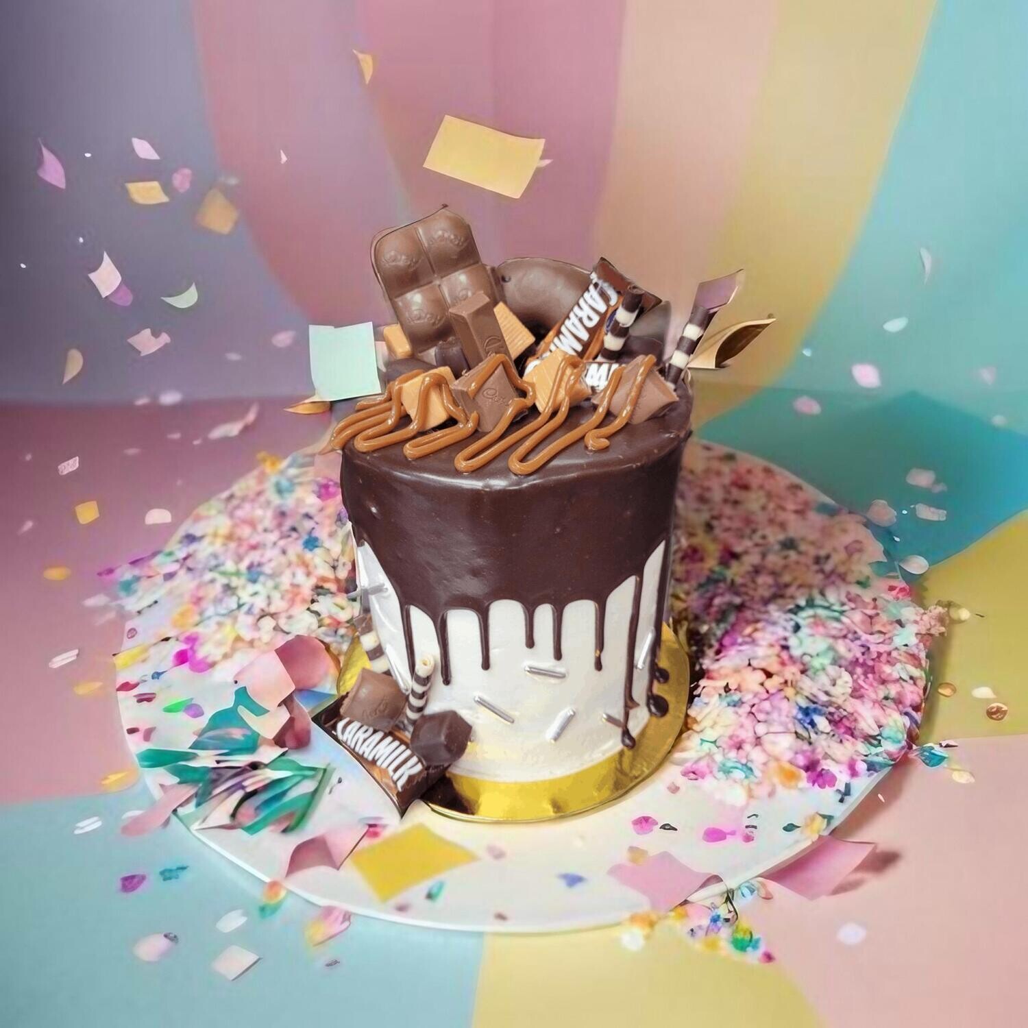 Choc caramel candy bar cake