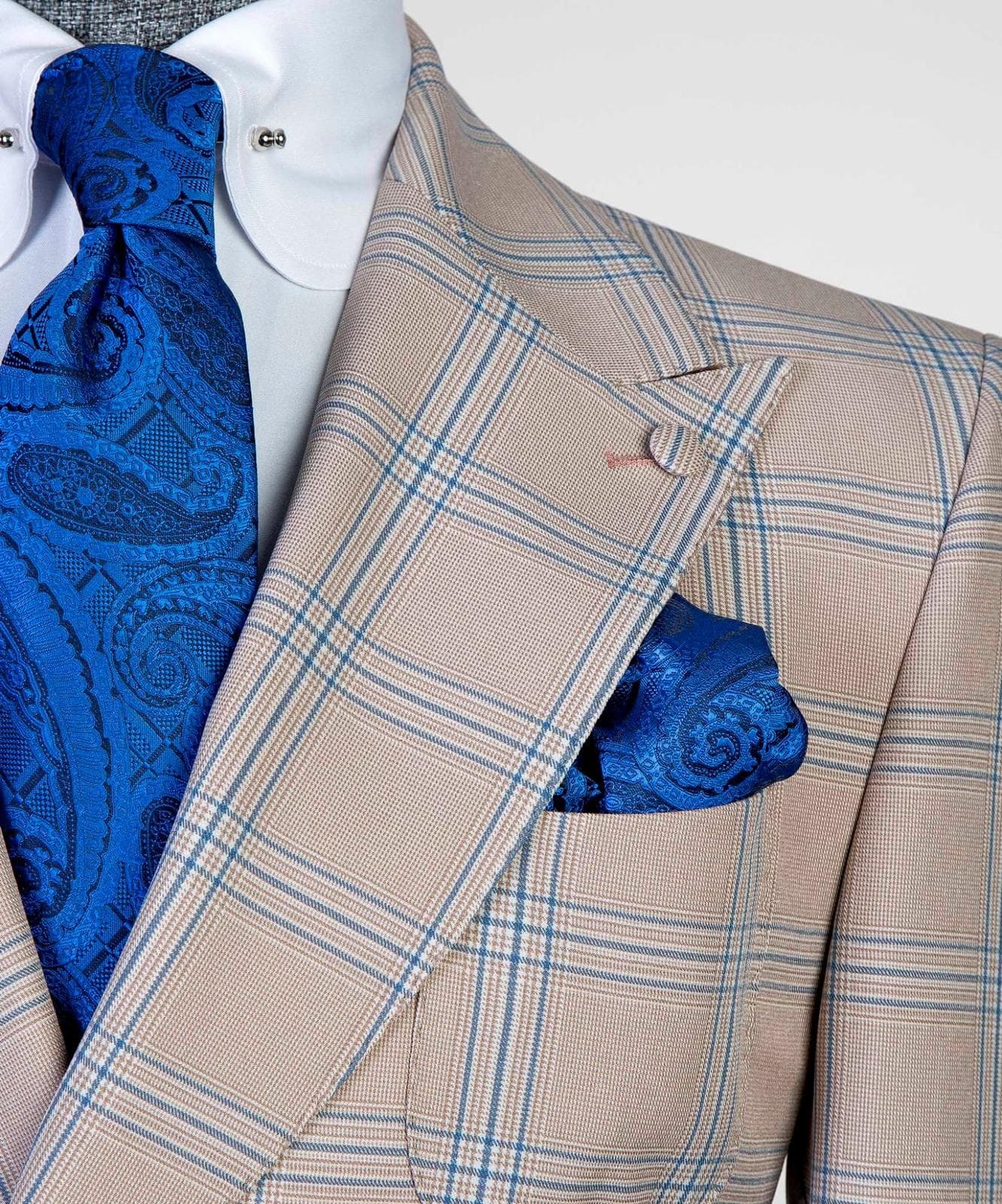 Beige Checked Double Breast Suit