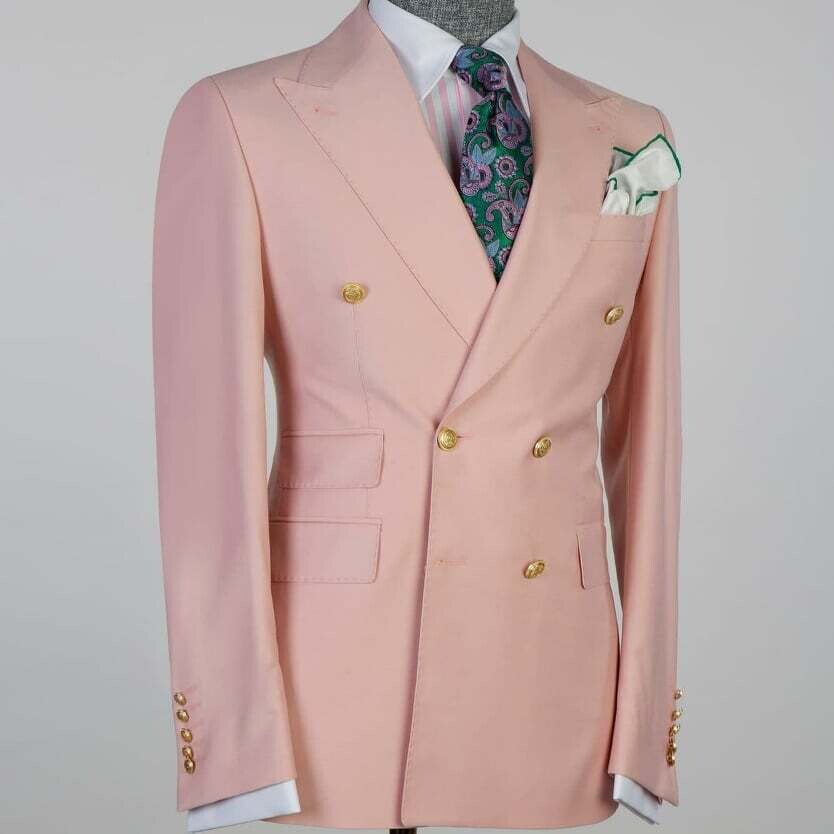 Rose pink double breasted French safari leisure suit with patch pocket,  peak lapel, double vents, flat front pant with side buckles. Perfect for  summer formal events. Available big and tall and size
