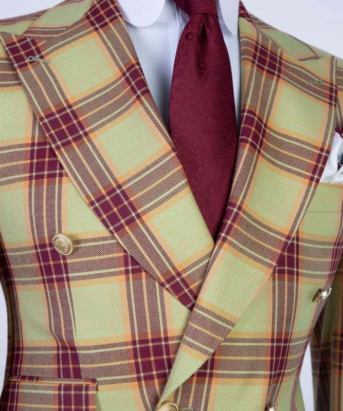 Yellow and Burgundy Checked Double Breast Suit
