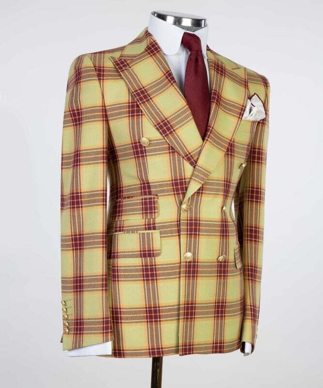 Yellow and Burgundy Checked Double Breast Suit