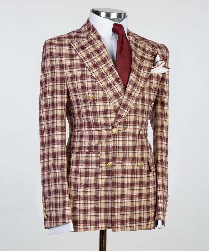 Burgundy Checked Double Breast Suit Burgundy Checked Double Breast Suit