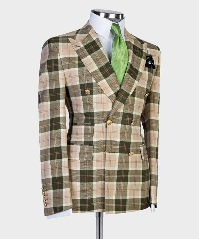Olive Green Checked Double Breast Suit