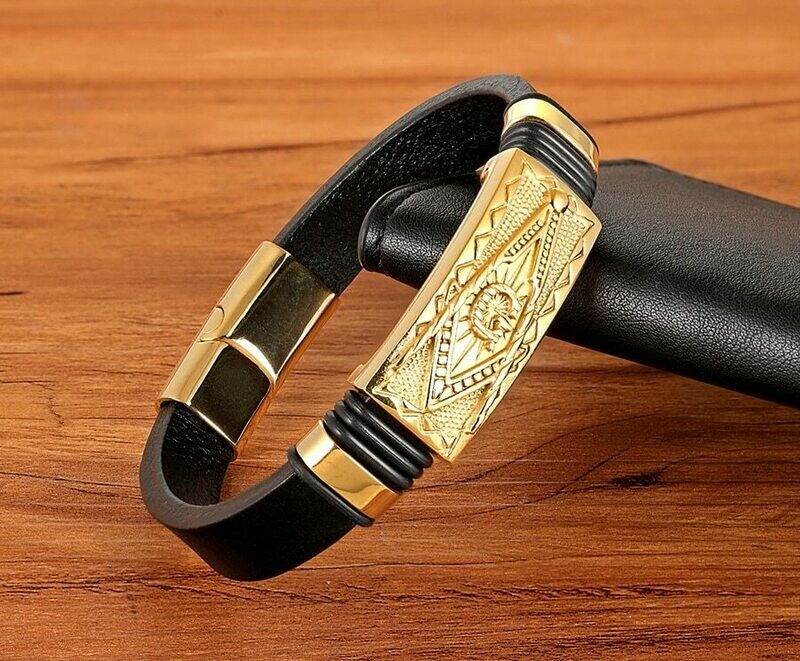 Bracelet Cuir  Franc Maçon / Plaqué or