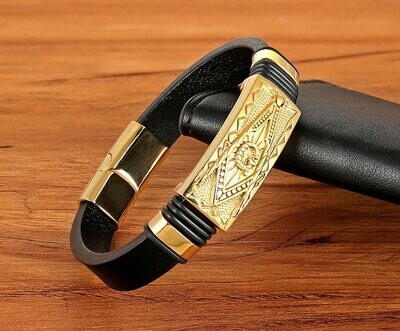Bracelet Cuir  Franc Maçon / Plaqué or