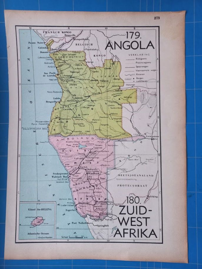 Landkaarten | Plattegrond (Gebruikt) | Historische landkaart Angola en Zuid-West Afrika (Namibië) – Rond 1940/45 – Koloniale atlaskaart Afrika