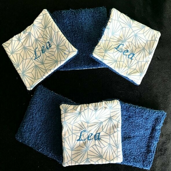 Lingettes lavables X 6 - Origami bleu - Prénom personnalisable brodé