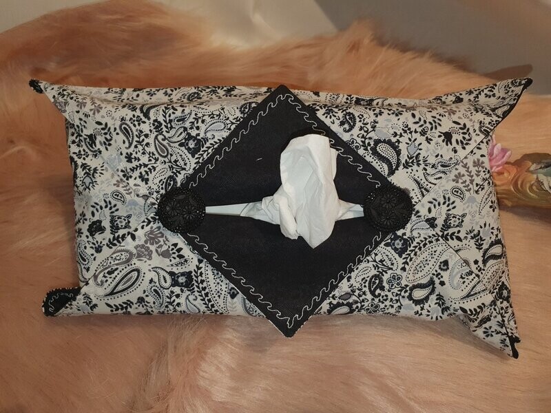 Etui boîte à mouchoirs popeline coton noir motifs cachemire et noir uni