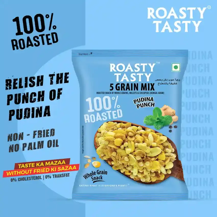 Roasty Tasty 5 Grain Mix Roasted  Whole Grain snack  Pudina Punch (NO PALM OIL) 150gm