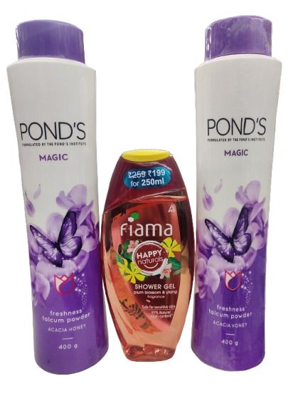 Ponds Magic Freshness Talcum Powder 400g (Pack Of 2) + Fiama Shower Gel 450ml Free 