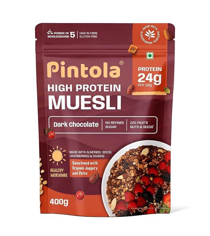 Pintola High Protein Muesli With Dark Chocolate  24g Protein, No Refined Sugar 400gm