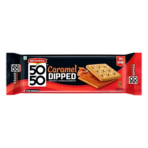 Britannia 50-50 Caramel Dipped Crunchy Leyered Sandwich Biscuit 150g