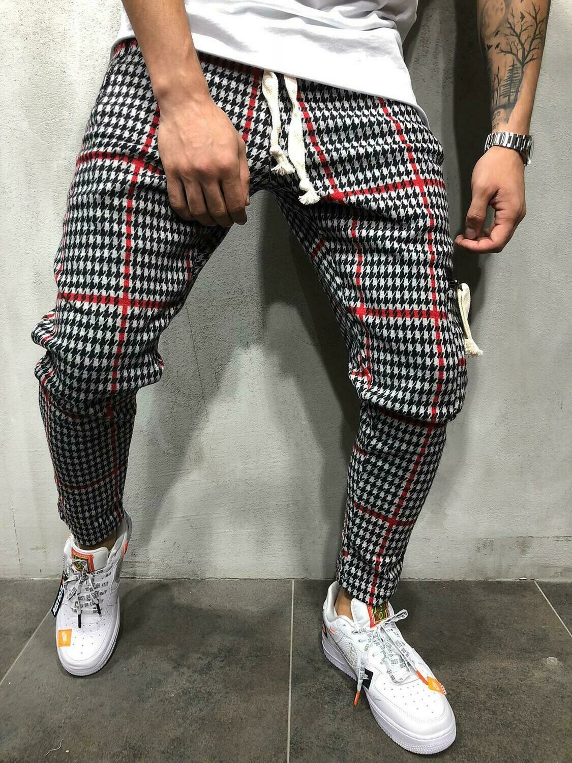 red pants with checkered stripe