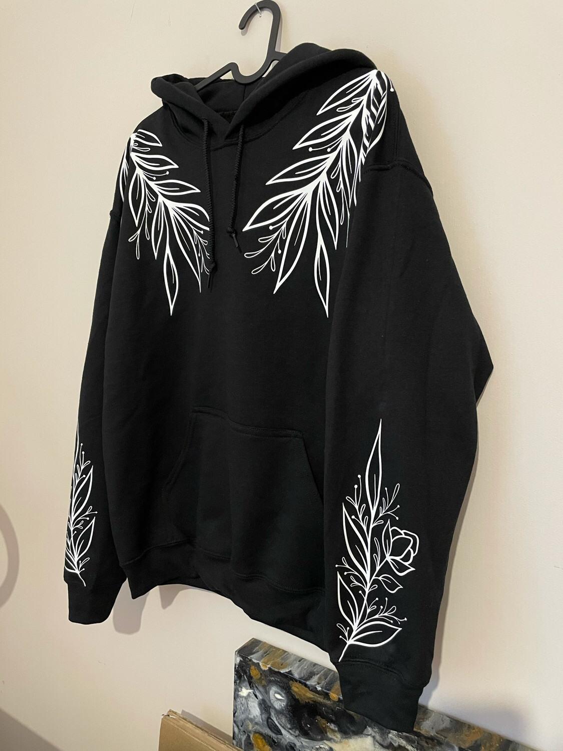Black With White Leaf Pattern Hoodie
