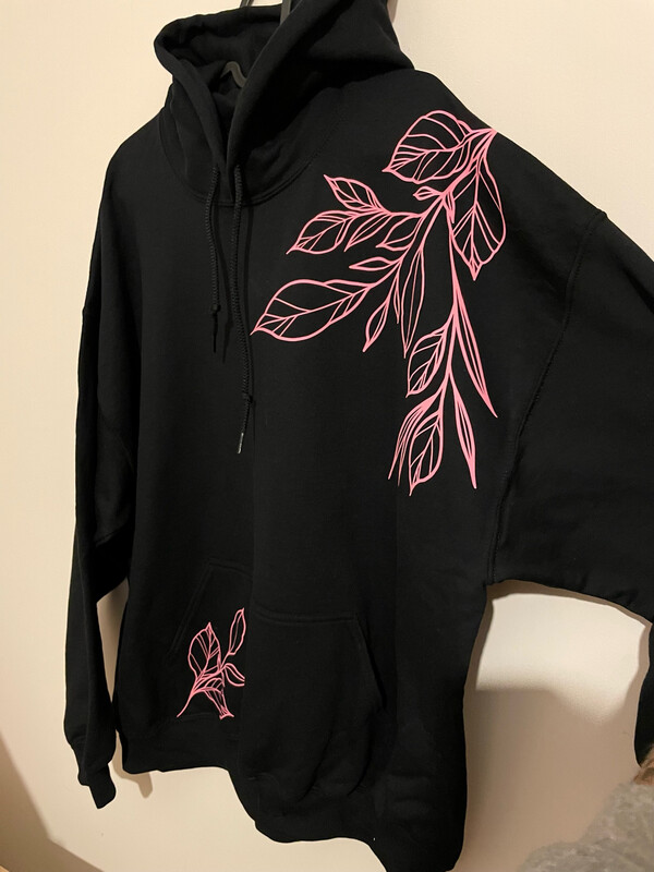 Black And Pink Leaf Pattern Hoodie
