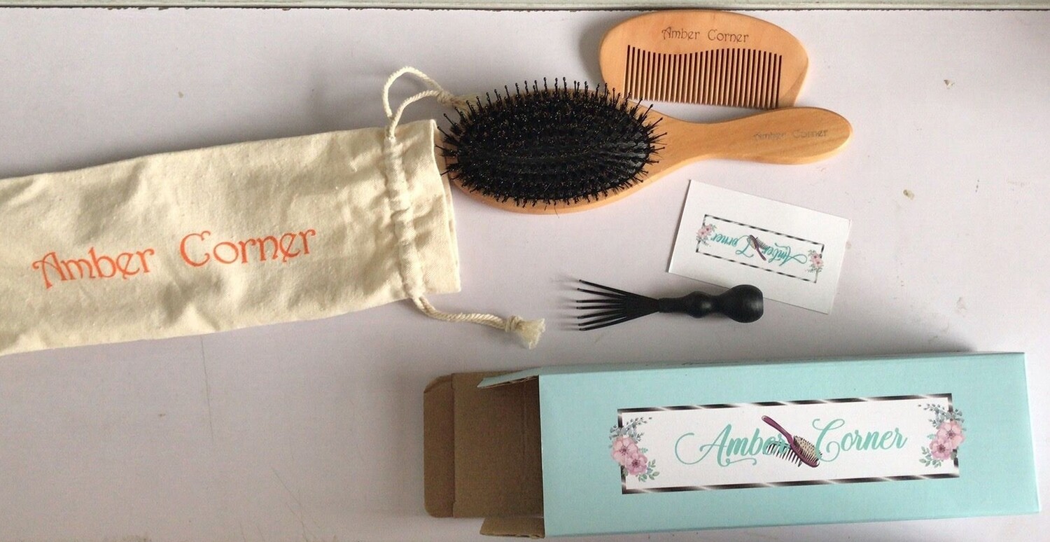 Boar Bristle Hair Brush and Comb Set