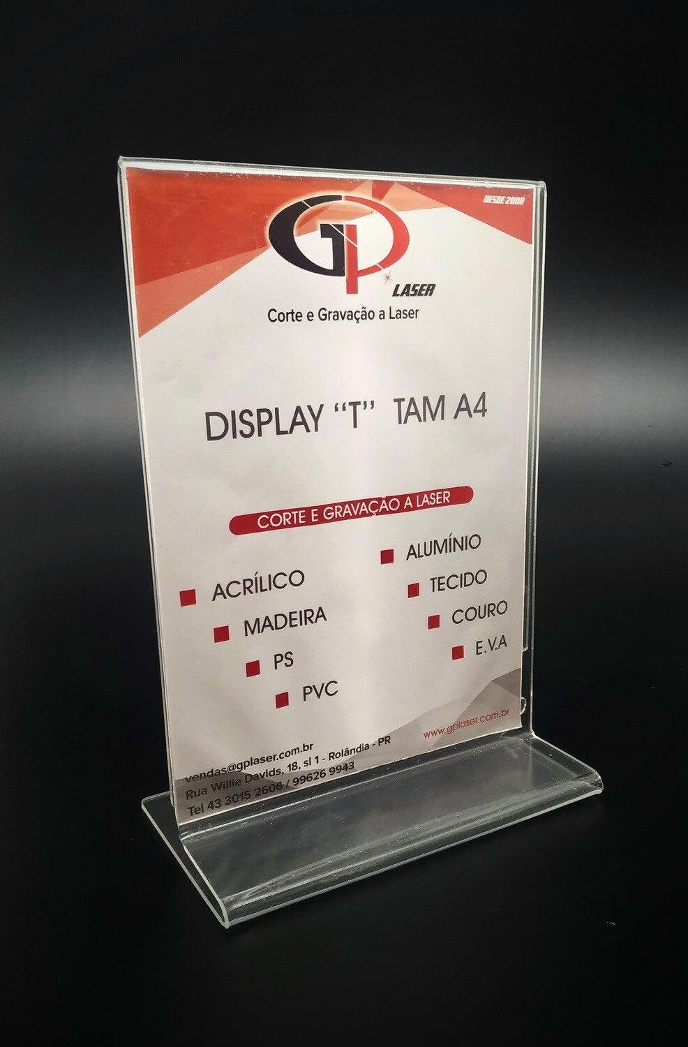 Display &quot;T&quot; A4 em Acrílico Cristal