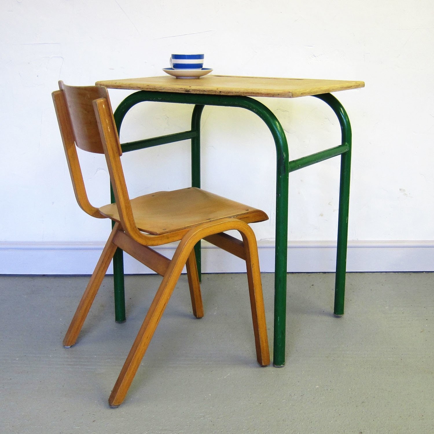 Industrial School Desk Mid Century Vintage Modernist 1950s French Green