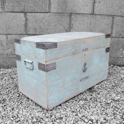 Vintage Trunk Coffee Table Storage Box Industrial Nautical 1940s Old Blue Chest