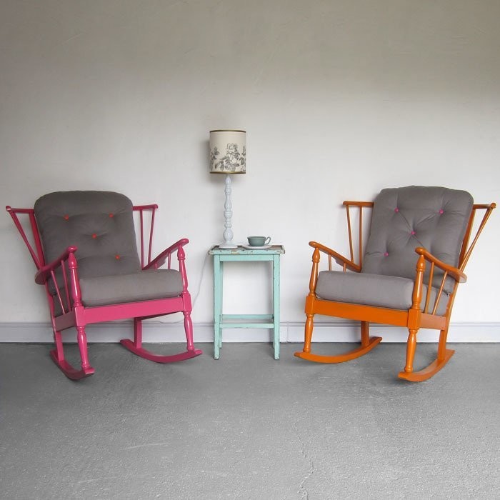 Mid Century Vintage Rocking Chairs Stick Back Modernist Upholstered Painted Restored
