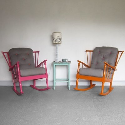 Mid Century Vintage Rocking Chairs Stick Back Modernist Upholstered Painted Restored