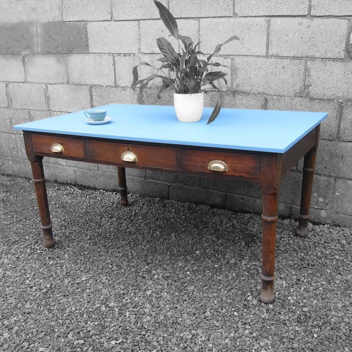 Vintage Farmhouse Dining Table Blue Farrow and Ball Lulworth Blue 89