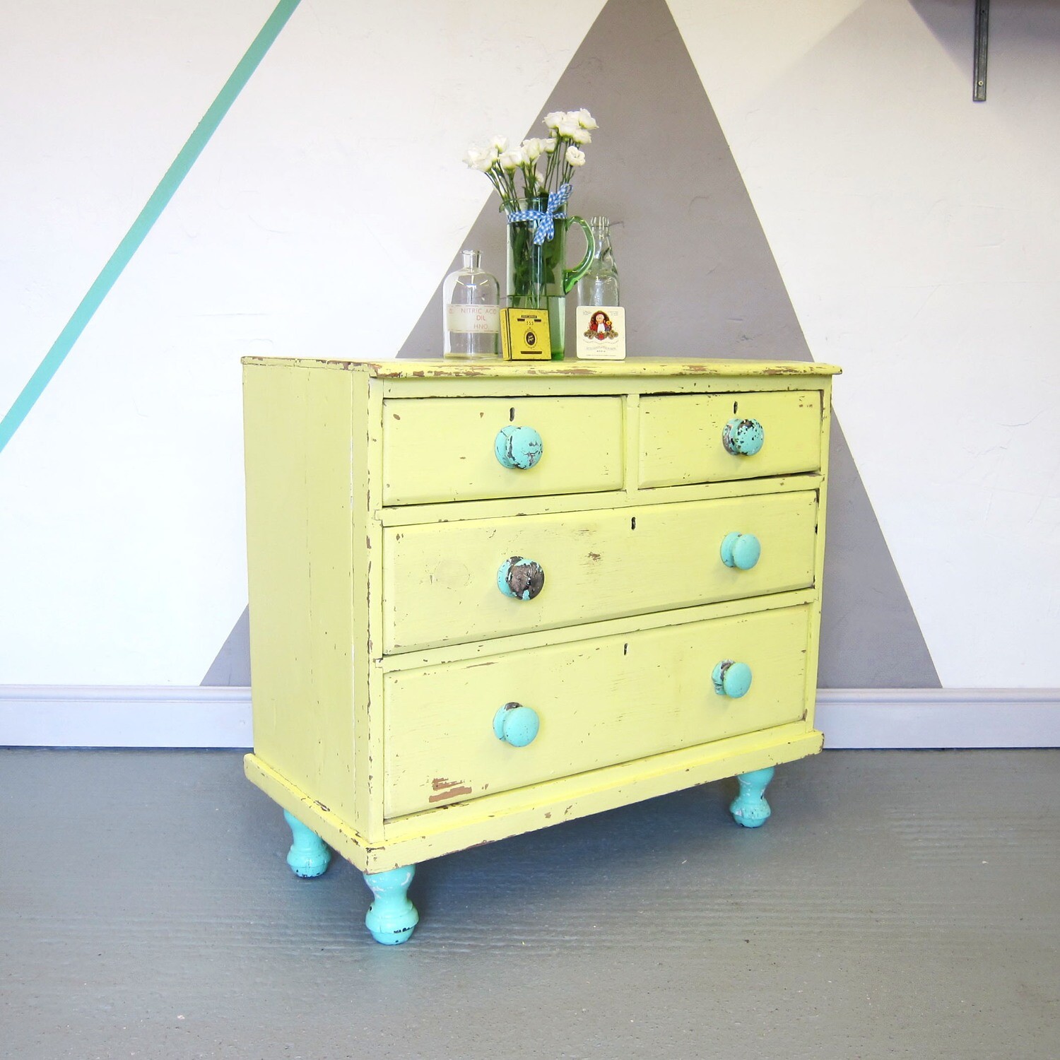Victorian Pine Yellow Chest of Drawers Vintage Painted Chippy Distressed