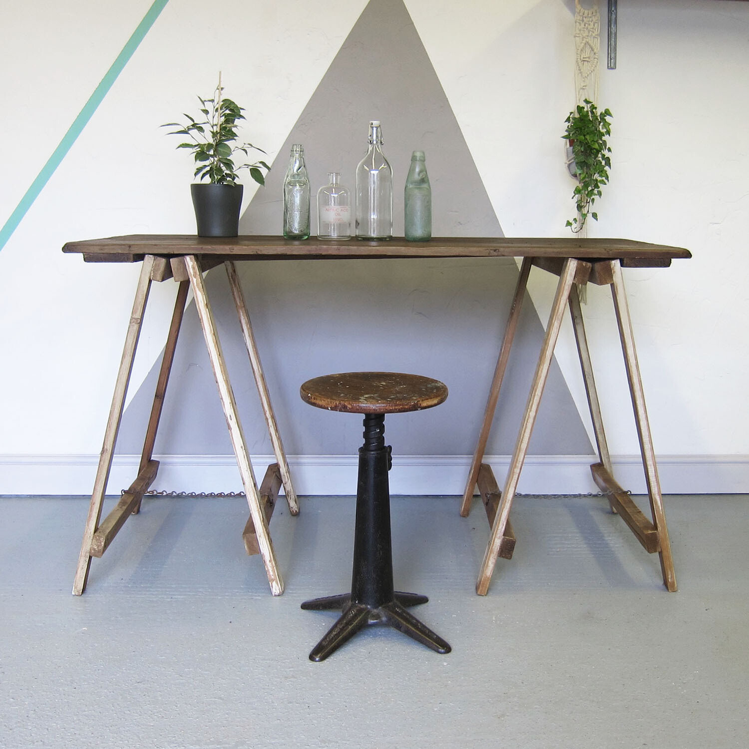 Trestle Table Rustic Pine 1950s Vintage Industrial Occasional Garden Event Function Party