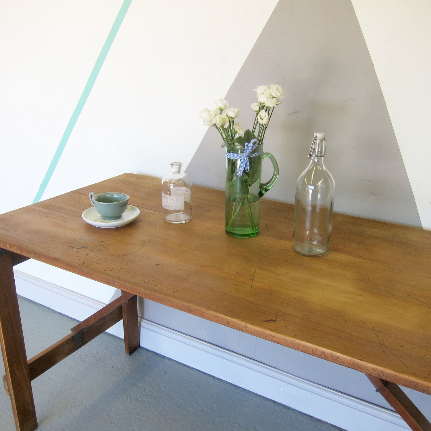 Vintage Folding Trestle Table Rustic Old Pine Event Office Desk Dining Garden Party