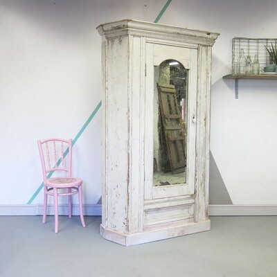 Antique Victorian Wardrobe Hall Cupboard Mirror Storage White Chippy Painted Original Old