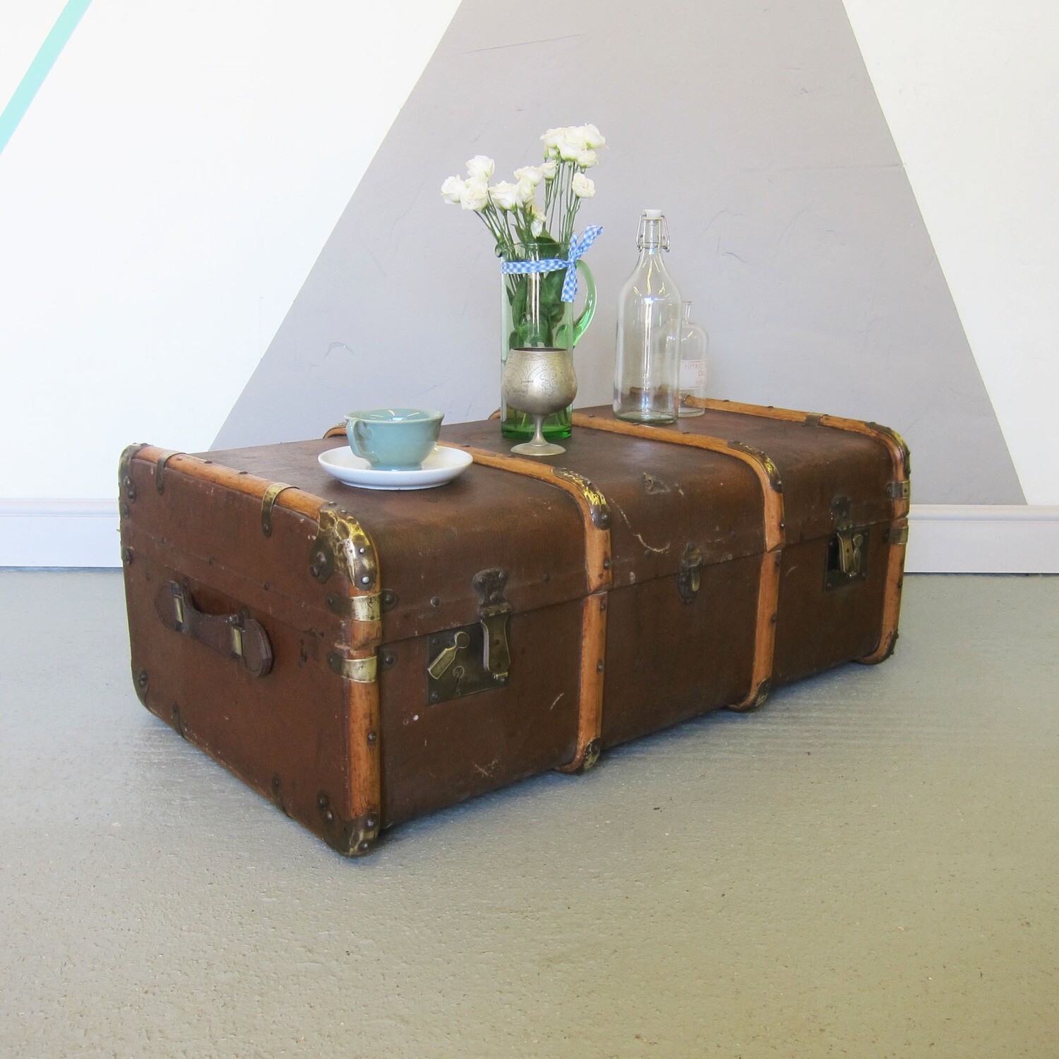 Vintage 1930s Travel Trunk Chest Storage Coffee Table