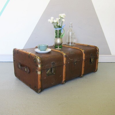 Vintage 1930s Travel Trunk Chest Storage Coffee Table