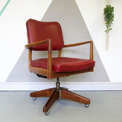 Vintage Office Chair Mid Century Modernist Swivel Chair Red Leatherette