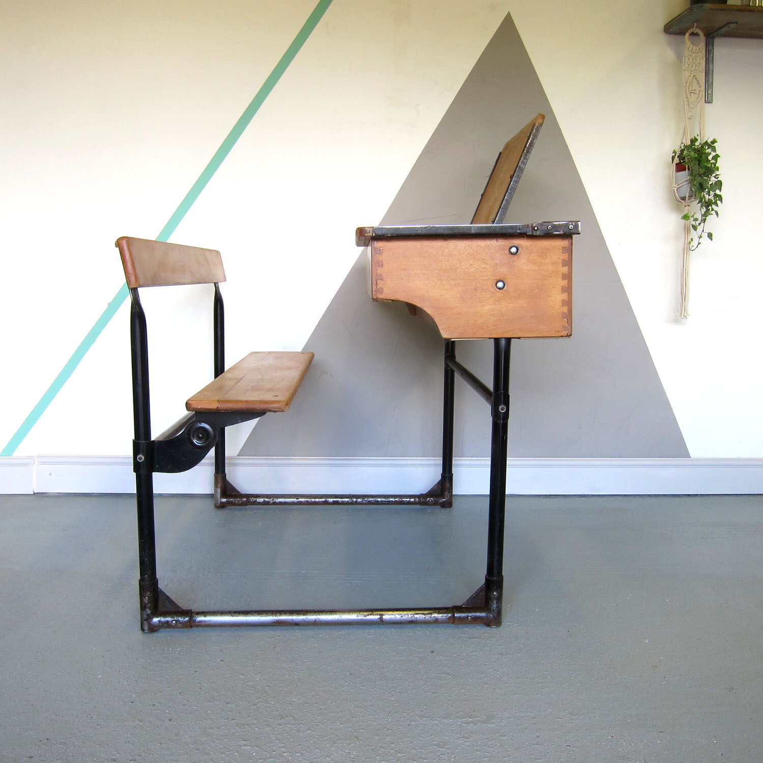 Industrial School Desk Double Twin Mid Century Vintage Modernist 1950s