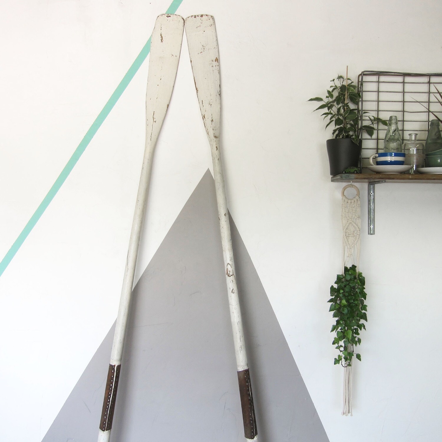 Vintage Old Antique Oars Paddle Boat Vintage White Painted