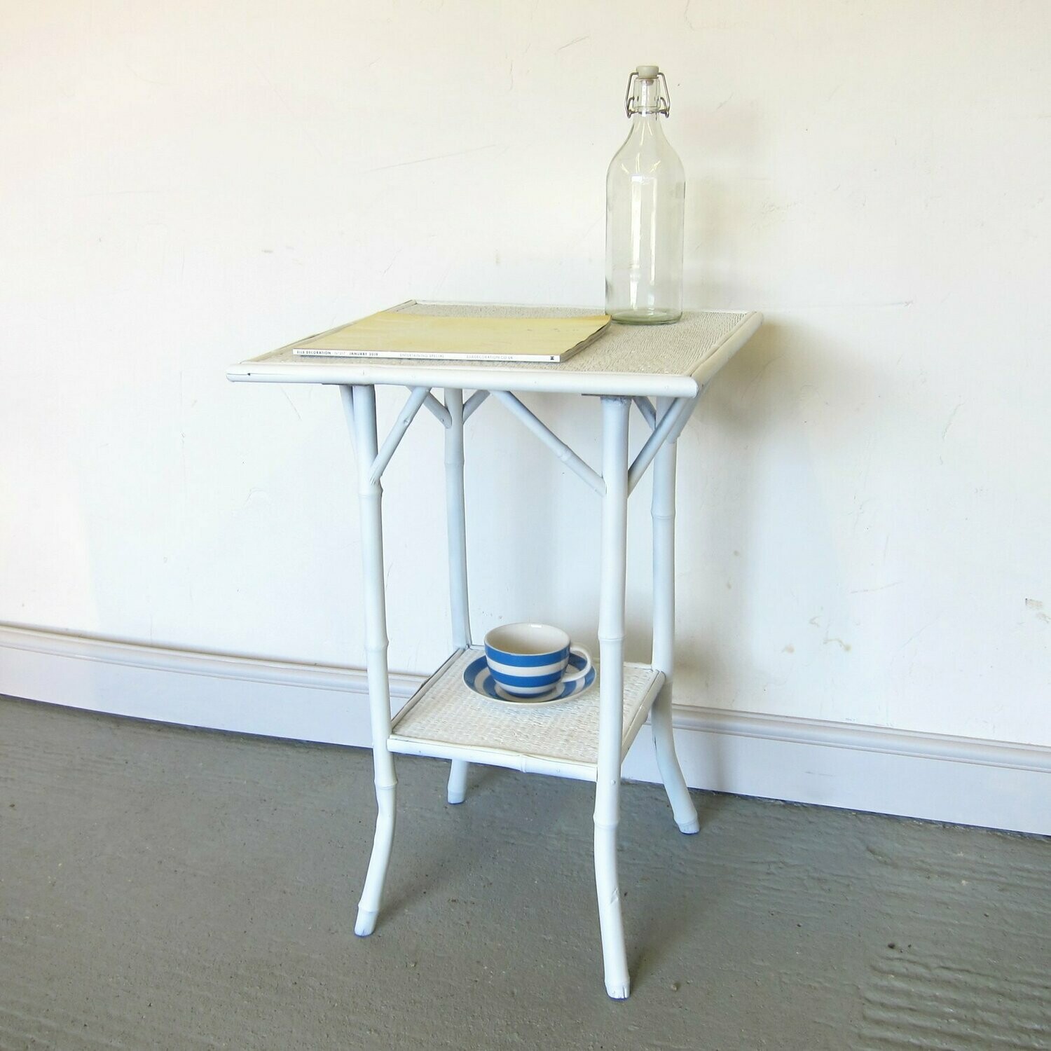 Victorian Bamboo Wicker Vintage Table White Plant Stand