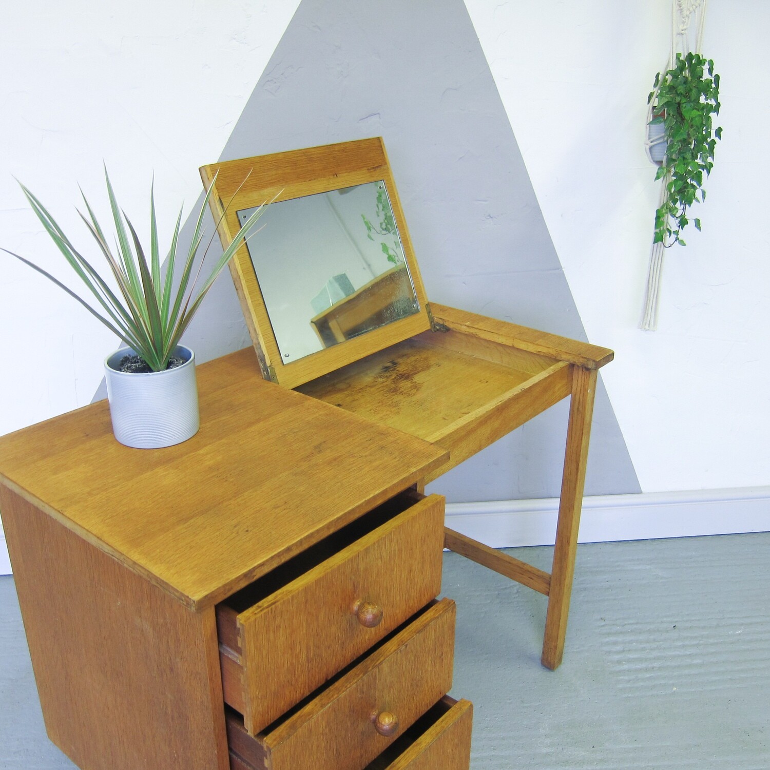 Mid Century Oak Desk Sewing Table 1950s Modernist Dressing Mirror