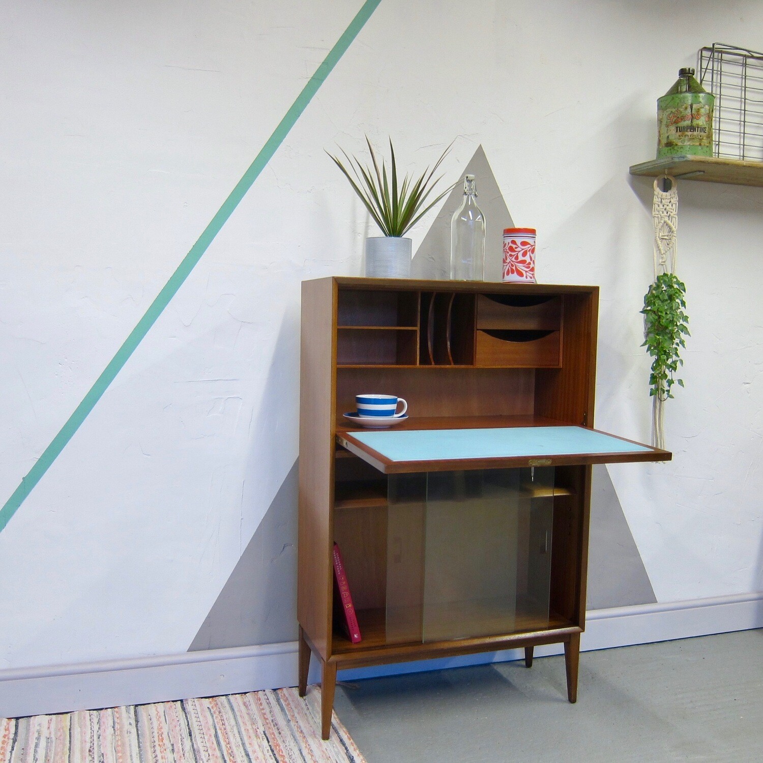 Mid Century Bureau Vintage 1960s Writing Desk Storage Cupboard