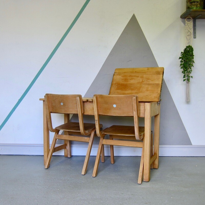 Restored Vintage Double School Desk Twin Lift up Lid Chairs Pair