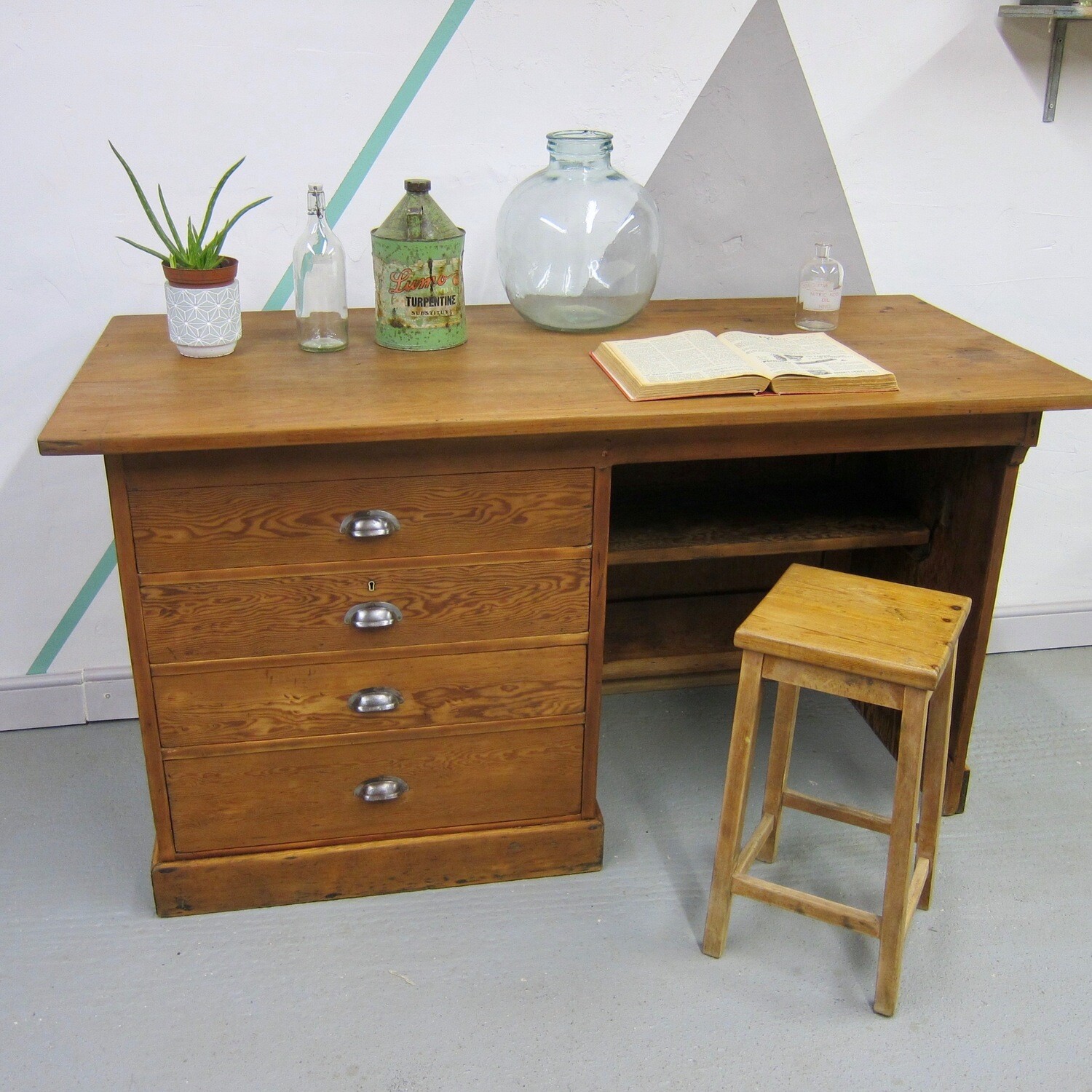 Pine Shop Counter Work Bench 1950s Draughtsman Table Island