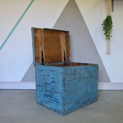 ​Vintage Pine 1940s Painted Rustic Blue Old Wooden Box Storage