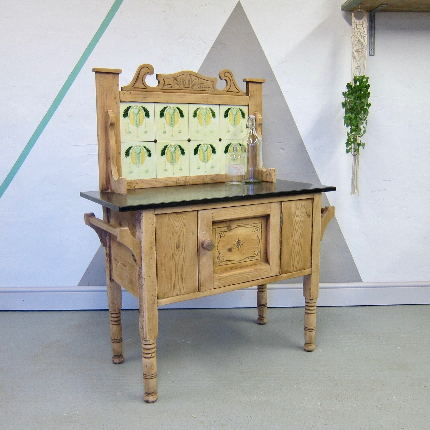 ​Pine Art Nouveau Tiled Washstand Hall Table Sideboard Storage Cabinet