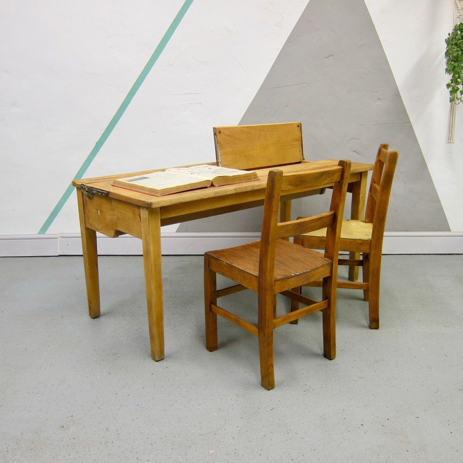 Vintage Mid Century School Desk Double Twin Yellow Dot Chairs